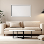 A minimalist interior design of a living room featuring multi-functional furniture, calming neutral colors (white, beige), and minimal decorative elements such as a single plant. Soft, diffused lighting emphasizes the serene atmosphere.