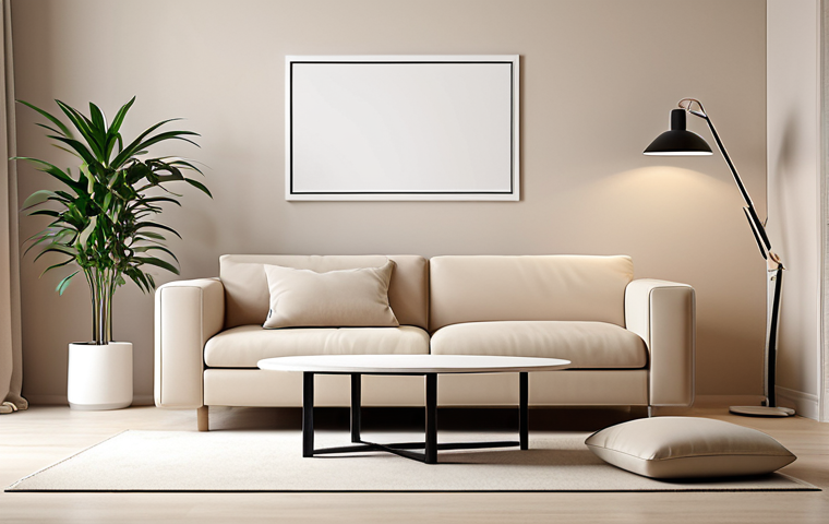 A minimalist interior design of a living room featuring multi-functional furniture, calming neutral colors (white, beige), and minimal decorative elements such as a single plant. Soft, diffused lighting emphasizes the serene atmosphere.