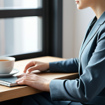 A professional woman, fully clothed in a modest business casual outfit, sitting calmly at a clean, minimalist wooden desk in a modern, sunlit office space. Her hands are gently resting on the desk next to a single, well-organized notebook and a cup of tea. The background is softly blurred, showing a window with natural light, creating a serene and focused atmosphere that represents mental clarity achieved through decluttering. High-quality photograph, realistic, sharp focus, professional lighting, perfect anatomy, correct proportions, natural pose, well-formed hands, proper finger count, natural body proportions, safe for work, appropriate content, fully clothed, professional, modest.