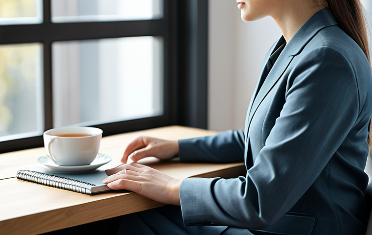 A professional woman, fully clothed in a modest business casual outfit, sitting calmly at a clean, minimalist wooden desk in a modern, sunlit office space. Her hands are gently resting on the desk next to a single, well-organized notebook and a cup of tea. The background is softly blurred, showing a window with natural light, creating a serene and focused atmosphere that represents mental clarity achieved through decluttering. High-quality photograph, realistic, sharp focus, professional lighting, perfect anatomy, correct proportions, natural pose, well-formed hands, proper finger count, natural body proportions, safe for work, appropriate content, fully clothed, professional, modest.