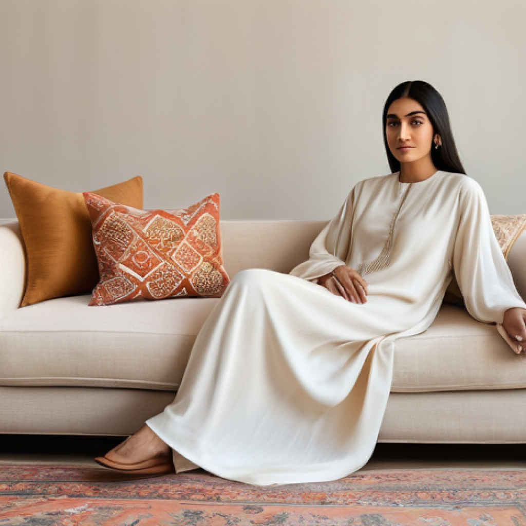 단순함의 철학과 미니멀리즘 - **Prompt:** A young Arab woman in her late 20s, with a serene and content expression, is sitting gra...