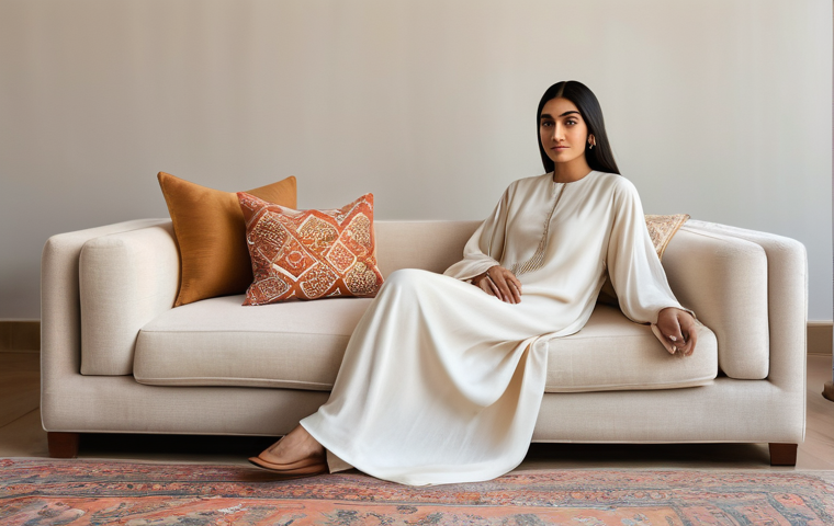 단순함의 철학과 미니멀리즘 - **Prompt:** A young Arab woman in her late 20s, with a serene and content expression, is sitting gra...