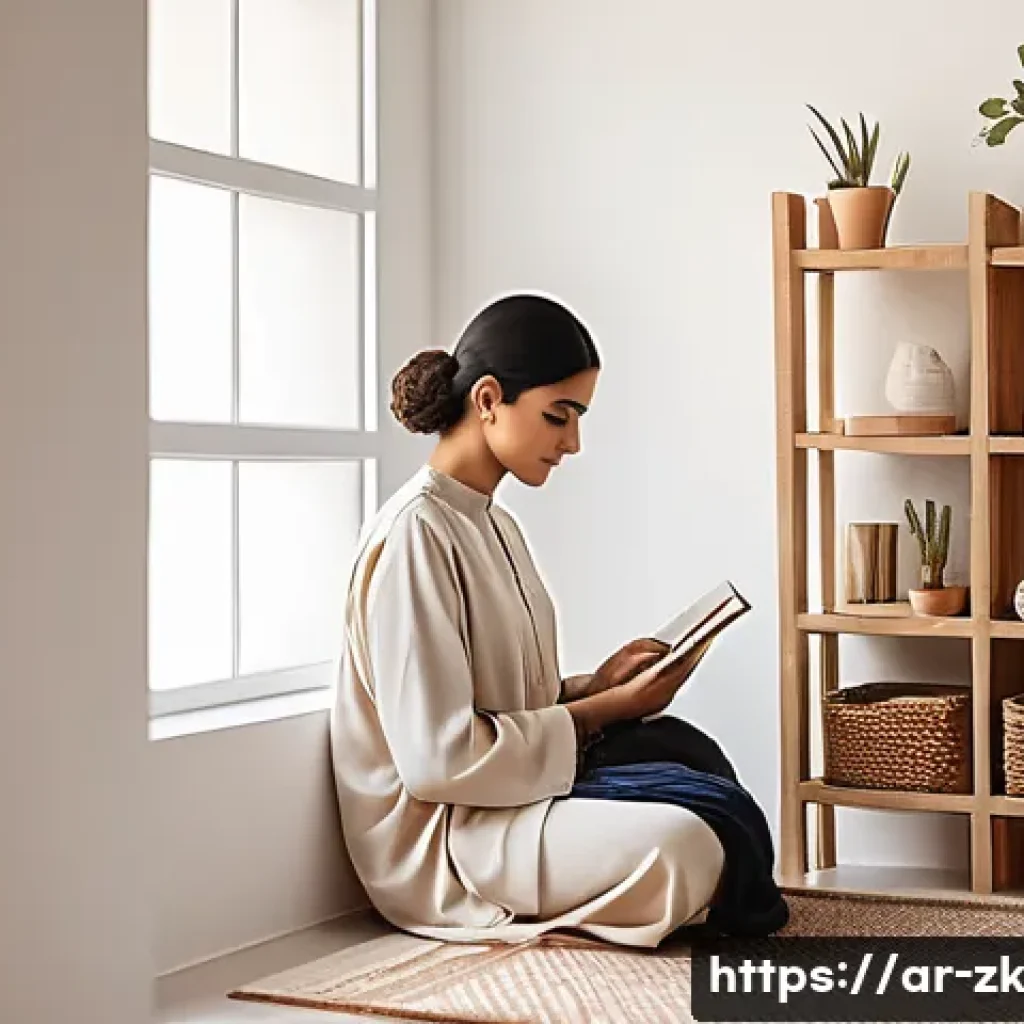 단순함의 철학을 적용하는 방법 - A serene and minimalistic Arabic home interior bathed in soft natural light, featuring organized she...