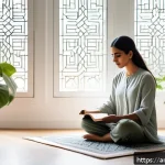 단순함의 철학과 소비주의 비판 - A serene Middle Eastern woman practicing daily meditation and journaling in a minimalist, sunlit roo...
