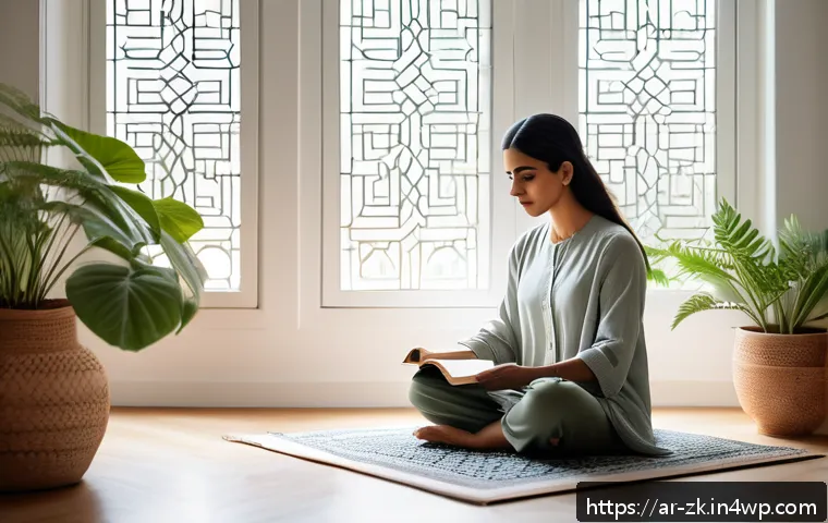 단순함의 철학과 소비주의 비판 - A serene Middle Eastern woman practicing daily meditation and journaling in a minimalist, sunlit roo...