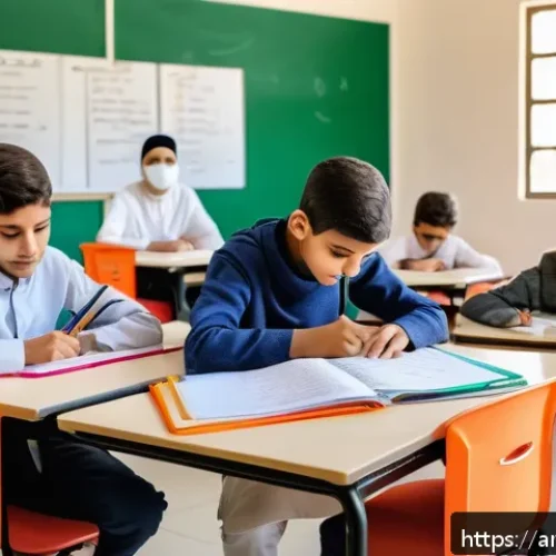 단순함의 철학을 활용한 교육 방법 - A serene and organized Arabic classroom setting designed for focused learning, featuring neat rows o...