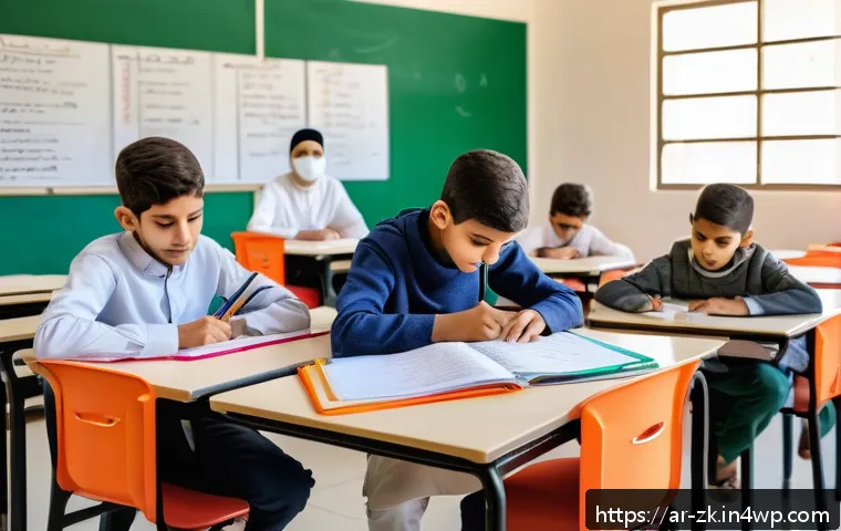 단순함의 철학을 활용한 교육 방법 - A serene and organized Arabic classroom setting designed for focused learning, featuring neat rows o...