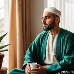 단순함의 철학과 패턴 인식 - A serene morning scene in a modern Arab home with a middle-aged man sitting peacefully by a large wi...