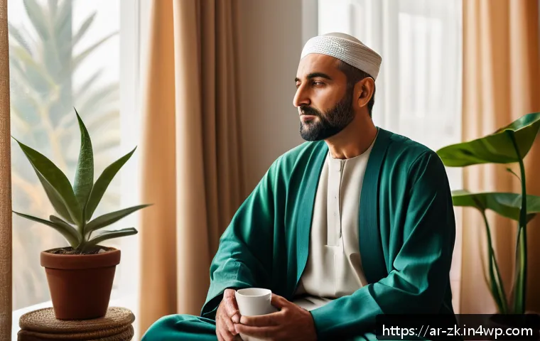단순함의 철학과 패턴 인식 - A serene morning scene in a modern Arab home with a middle-aged man sitting peacefully by a large wi...