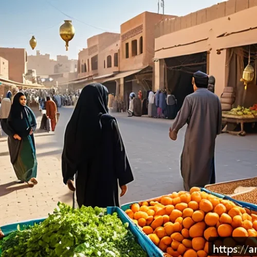 단순함의 철학과 지속 가능한 발전 - A vibrant Middle Eastern local market scene emphasizing sustainable living: diverse Arabic men and w...
