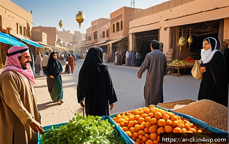 단순함의 철학과 지속 가능한 발전 - A vibrant Middle Eastern local market scene emphasizing sustainable living: diverse Arabic men and w...