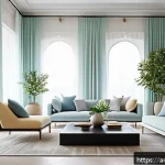 단순함의 철학을 실천하는 법 - A serene and minimalist Arabic-style living room interior with soft natural light filtering through ...