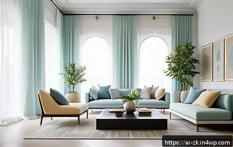 단순함의 철학을 실천하는 법 - A serene and minimalist Arabic-style living room interior with soft natural light filtering through ...