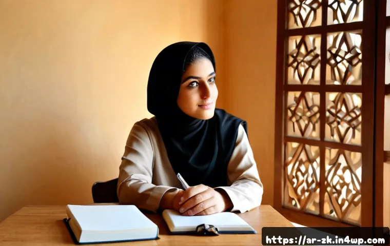 단순함의 철학과 자아 발견 - Photorealistic serene morning interior in a minimalist Arab home, a thoughtful middle-aged Arab woma...