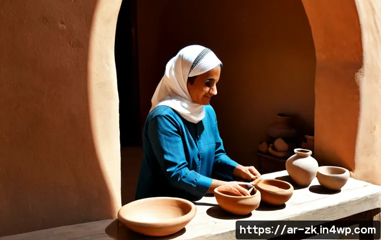 단순함의 철학을 활용한 취미 개발 - Photorealistic quiet hobby corner in a sunlit Arab home, a middle-aged Arab woman in modest long-sle...