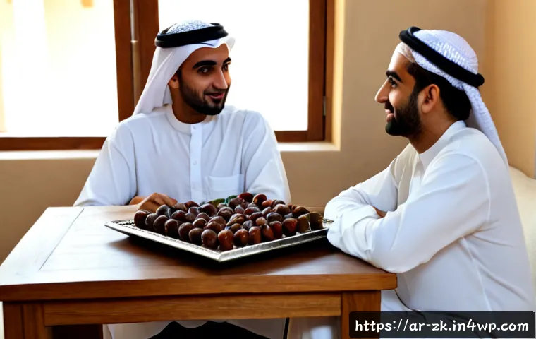 단순함의 철학을 통한 인간 관계의 복잡함 해소 - Photorealistic quiet conversation between two Arab friends seated across a simple wooden table in a ...